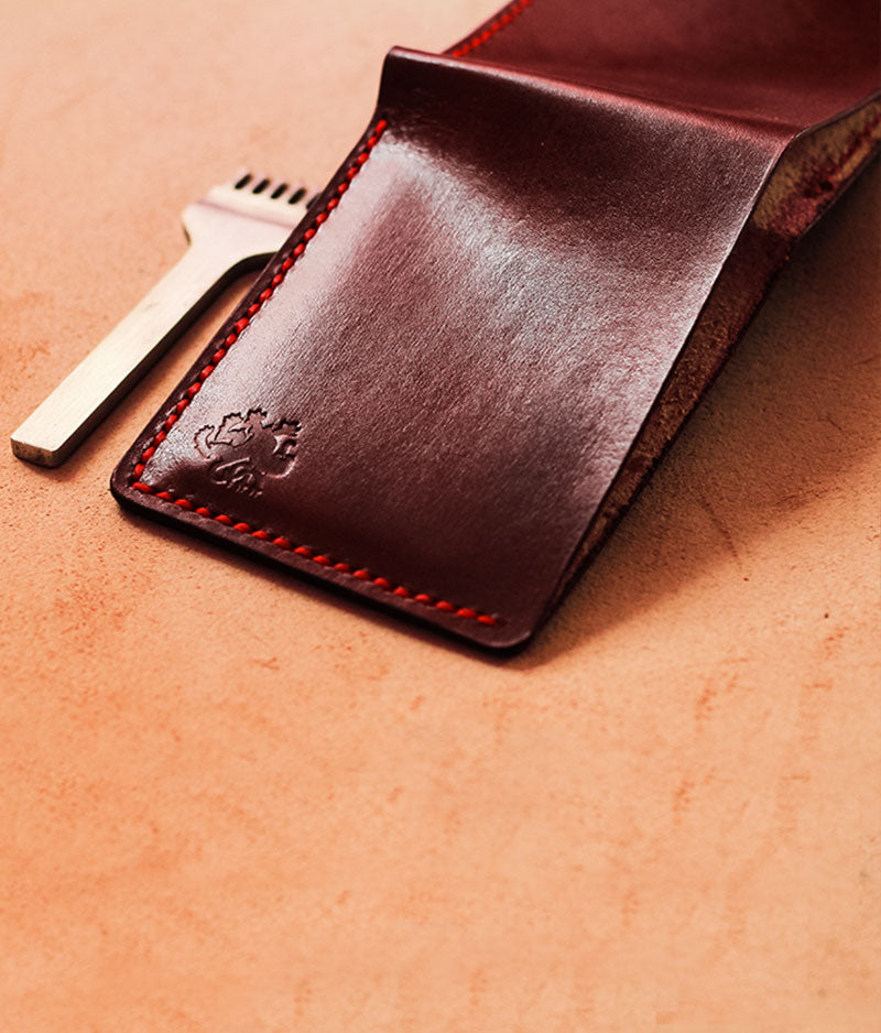 Mens Leather Bifold Wallet with ID Window - Handmade Leather Goods Duna Red Wine Leather