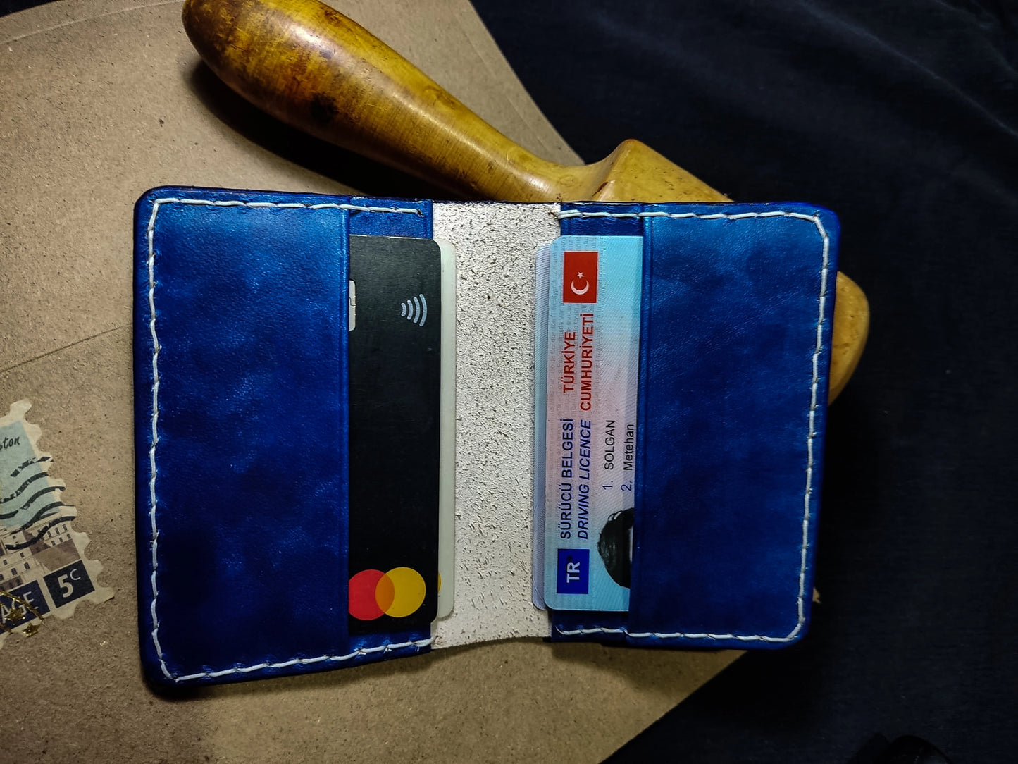 Leather Handmade Blue Personalized, Front Pocket Wallet